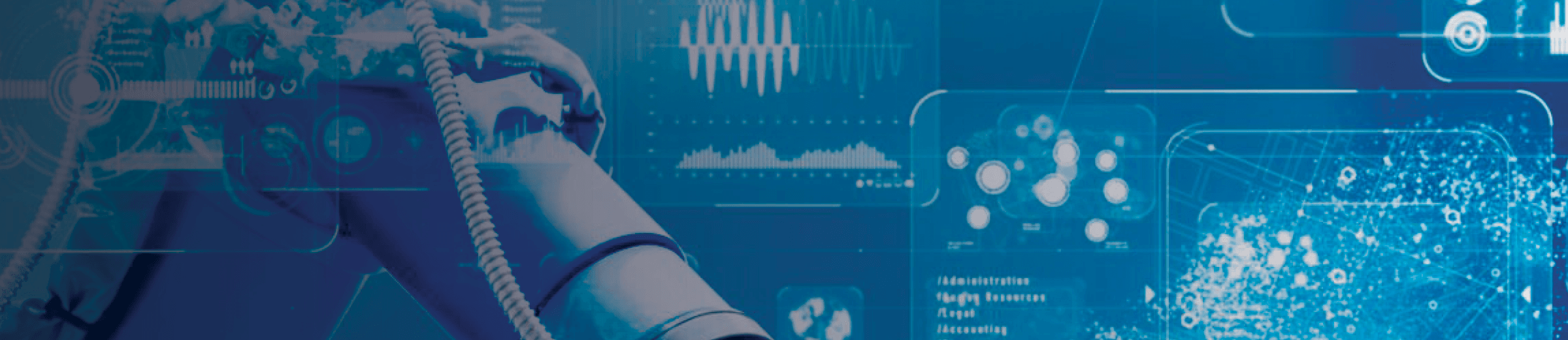 A mechanical arm operates in a technological background.