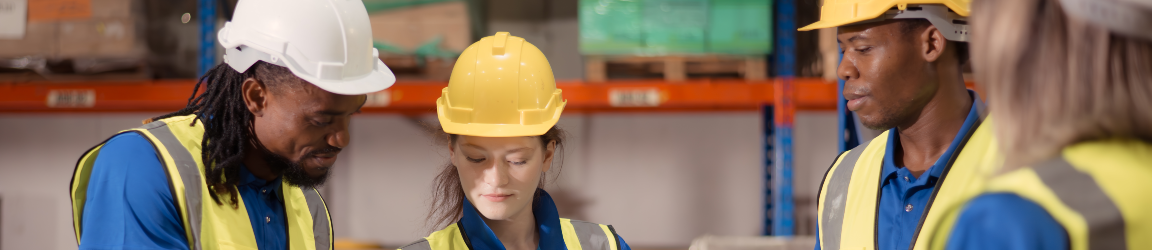 Three workers in yellow vests and hard hats talk to eachother while a fourth worker looks on.