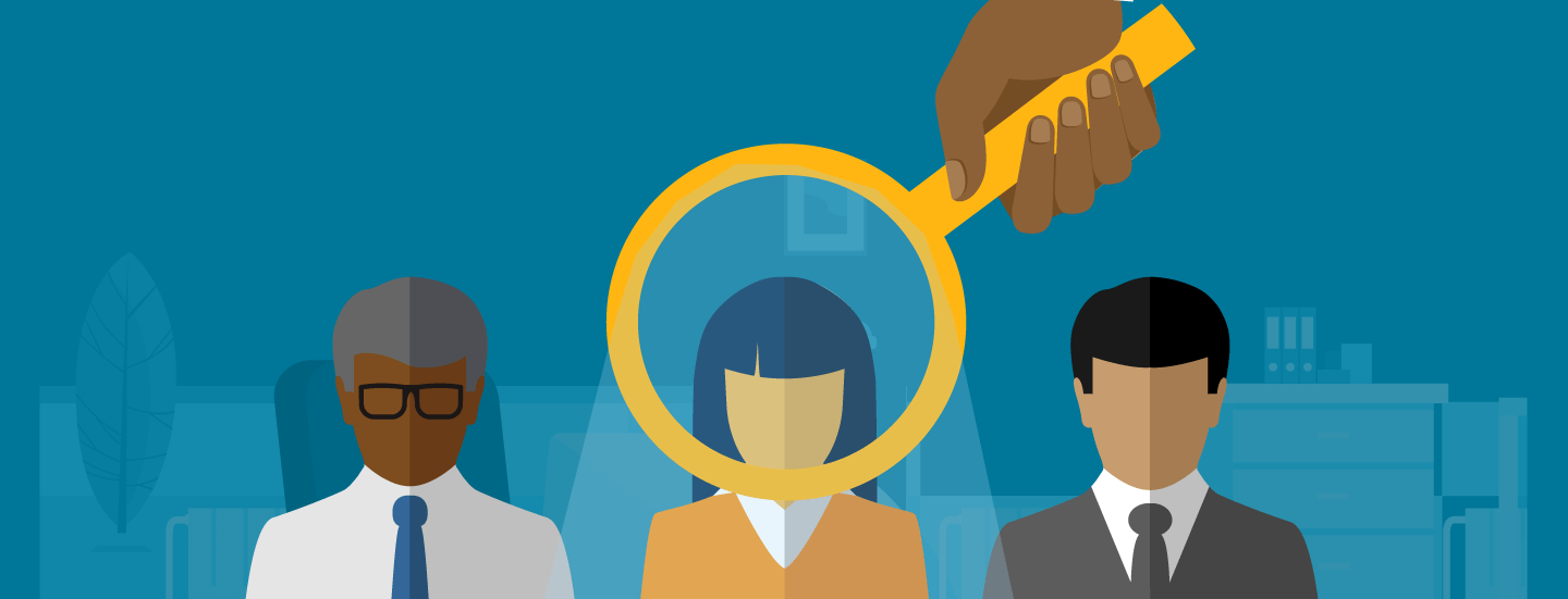 digital illustration of a large magnifying glass highlighting a woman out of a group of professionals