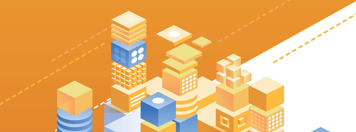 digital illustration of orange and blue shapes and cubes in random stacks